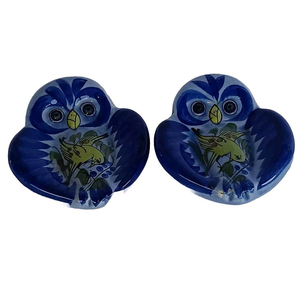 Set of 2 Tonala Trinket Dish Glazed Owl Bird Ceramic Blue Artist Signed Mexico